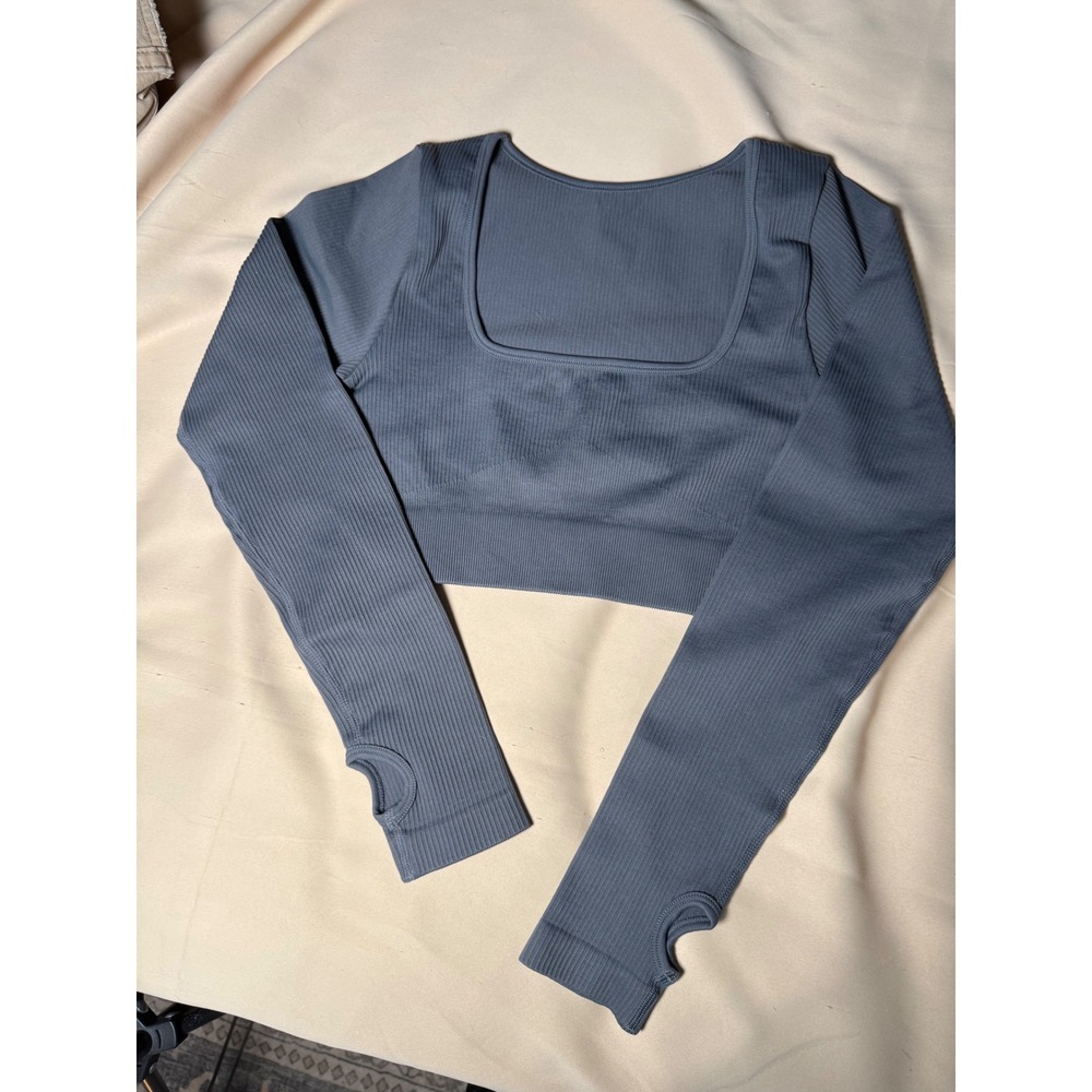 GQQQ Women Ribbed Long Sleeve Crop Top Square Neck Thumbhole Steel Blue Grey M